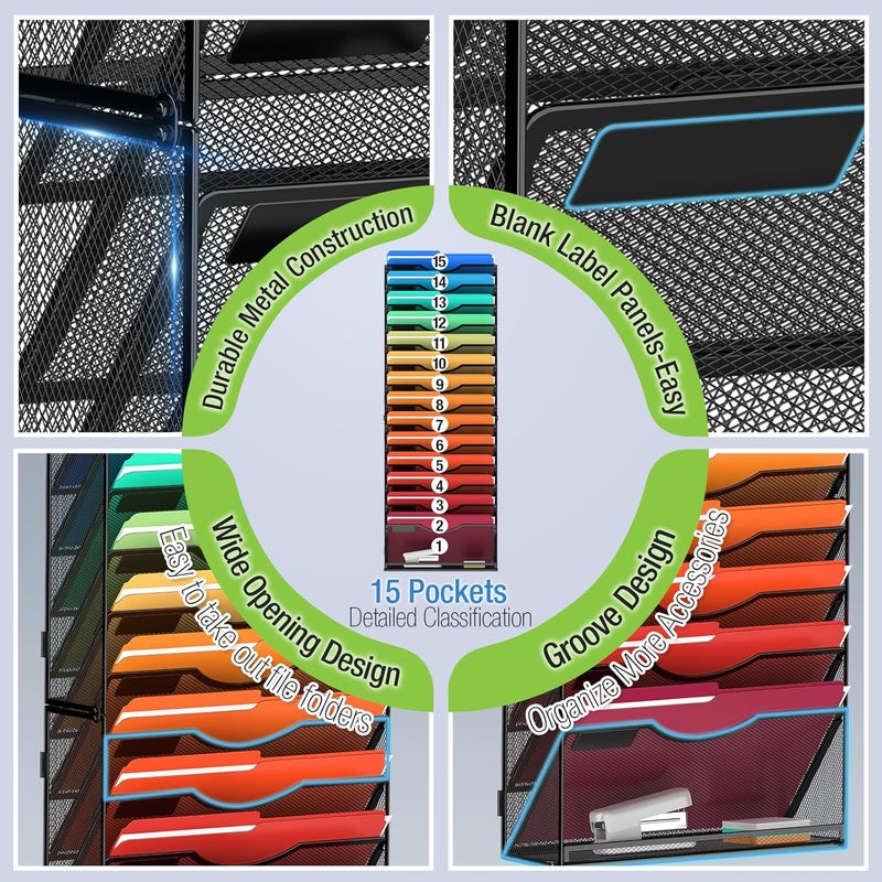 MINDEPOT 15 Tier Wall File Holder Hanging Wall File Organizer for Papers Mails Folders Document Magazine Organization, for Office School Home, Black - Image 2